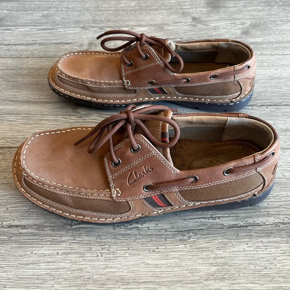 Clarks Men's Waterloo Boat Shoe Brown Leather Pull On Ortholite Footbed Size 11